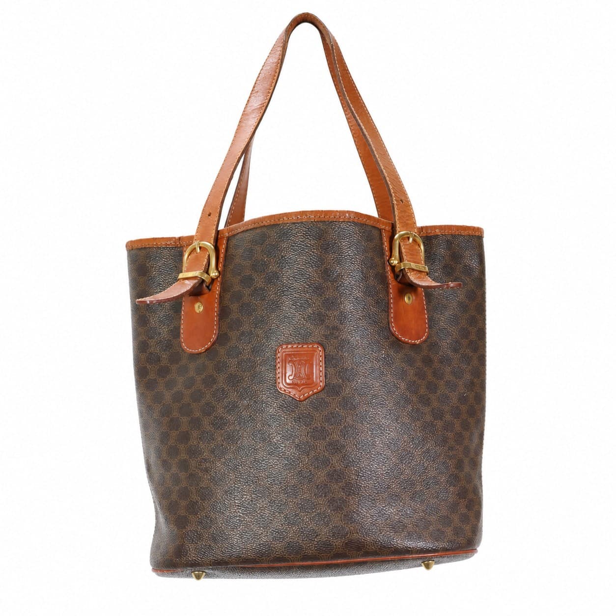 Celine Macadam Monogram Coated Canvas Leather Tote Shoulder Bag Handbag Brown