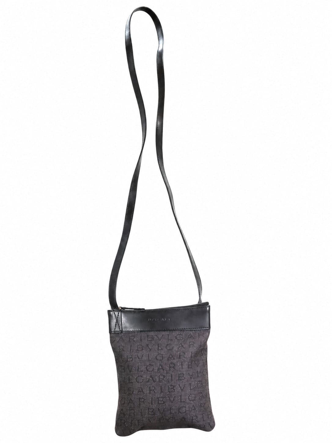 Bvlgari Logo Mania Canvas Leather Crossbody Messenger Bag Purse Gray Black