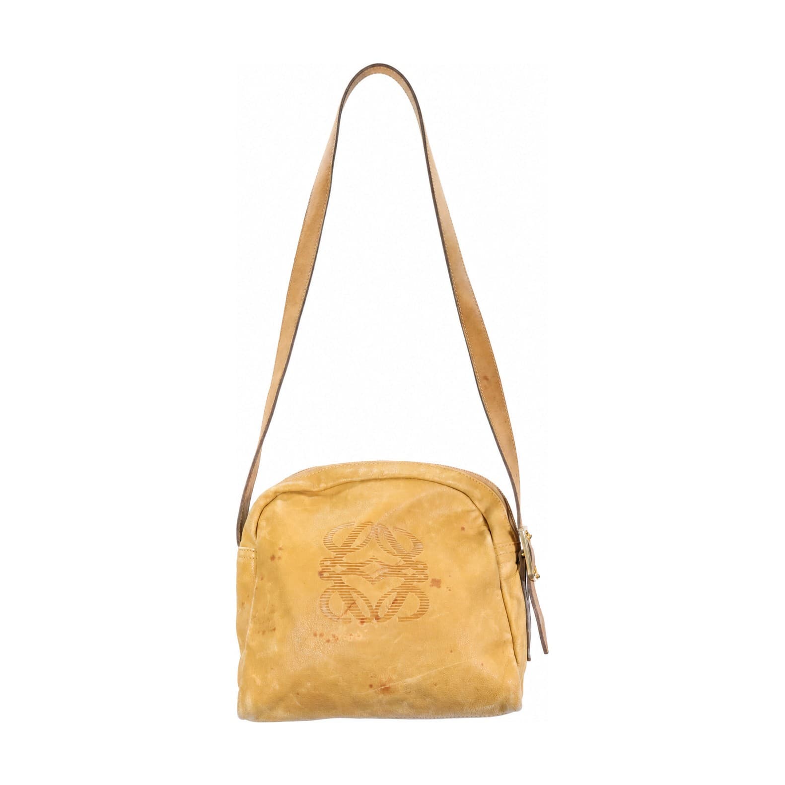 Loewe Anagram Suede Crossbody Shoulder Bag Purse Handbag Yellow Gold Hardware