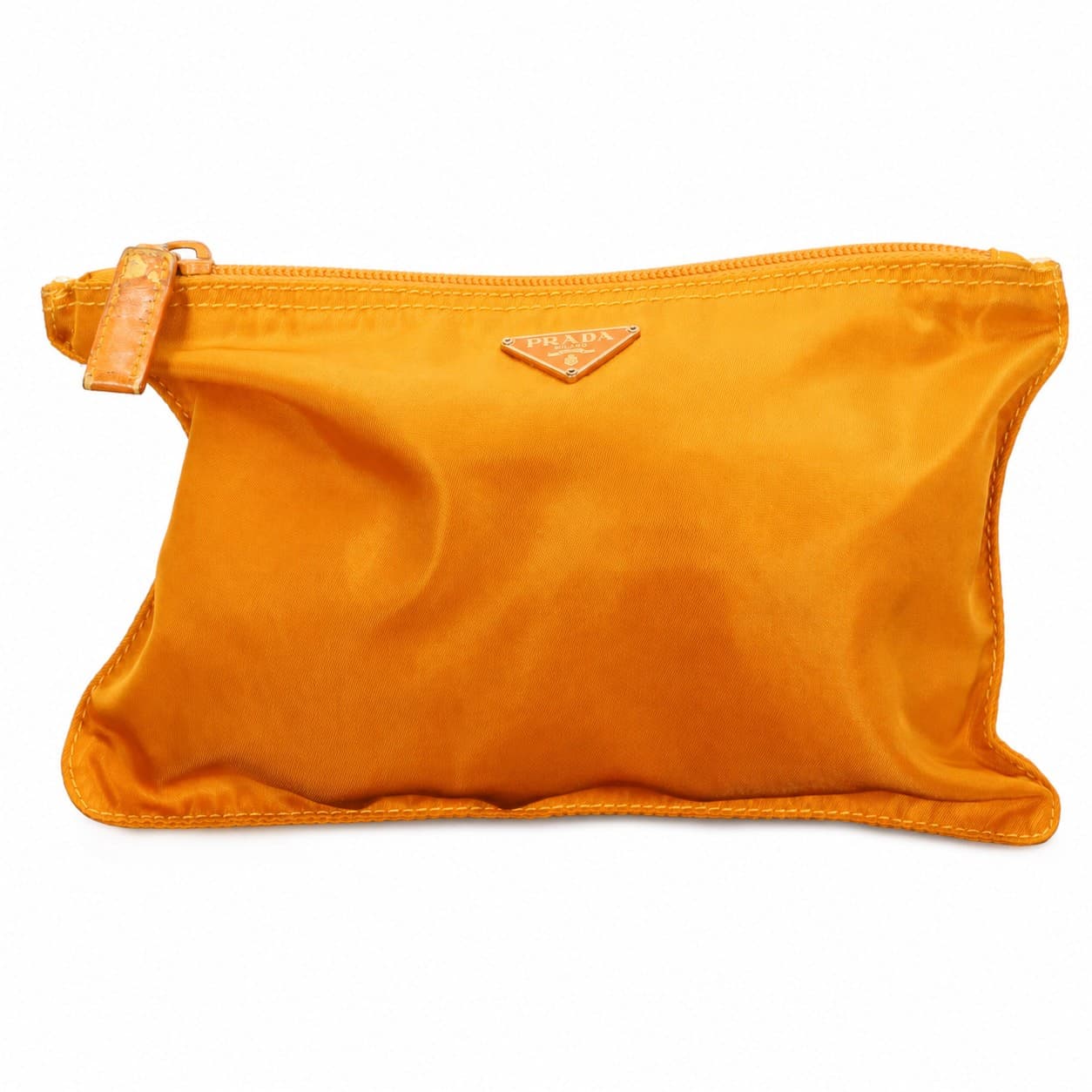Prada Tessuto Nylon Cosmetic Pouch Clutch Bag Orange Papaya Zip Purse
