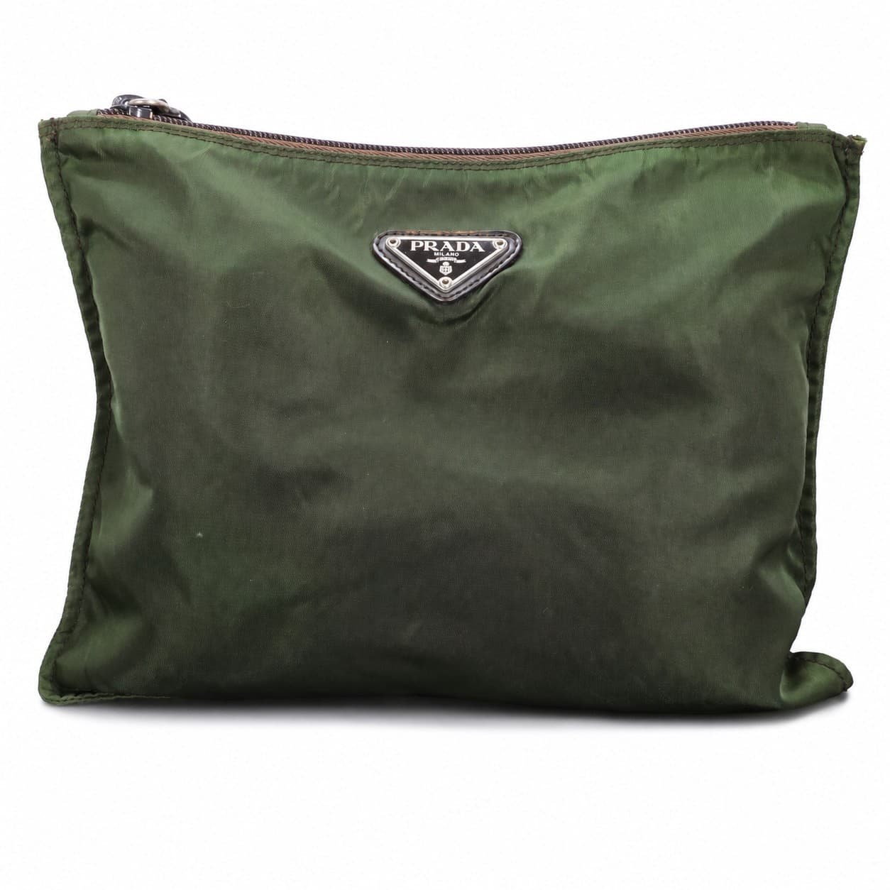 Prada Nylon Tessuto Cosmetic Pouch Makeup Bag Green Triangle Logo