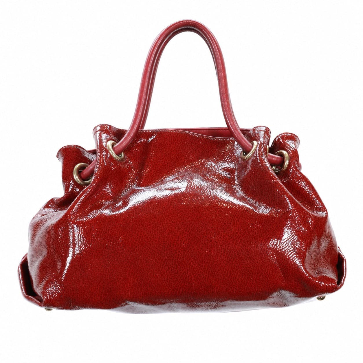 Furla Patent Leather Drawstring Handbag Purse Bag Satchel Shoulder Bag Red