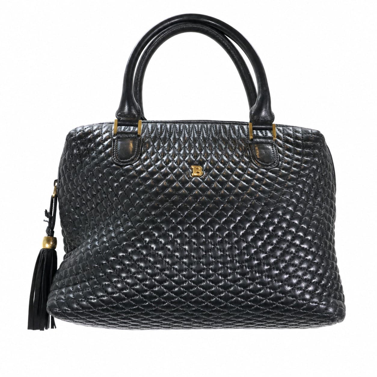Bally Quilted Leather Top Handle Bag Handbag Purse Satchel Black Gold Hardware