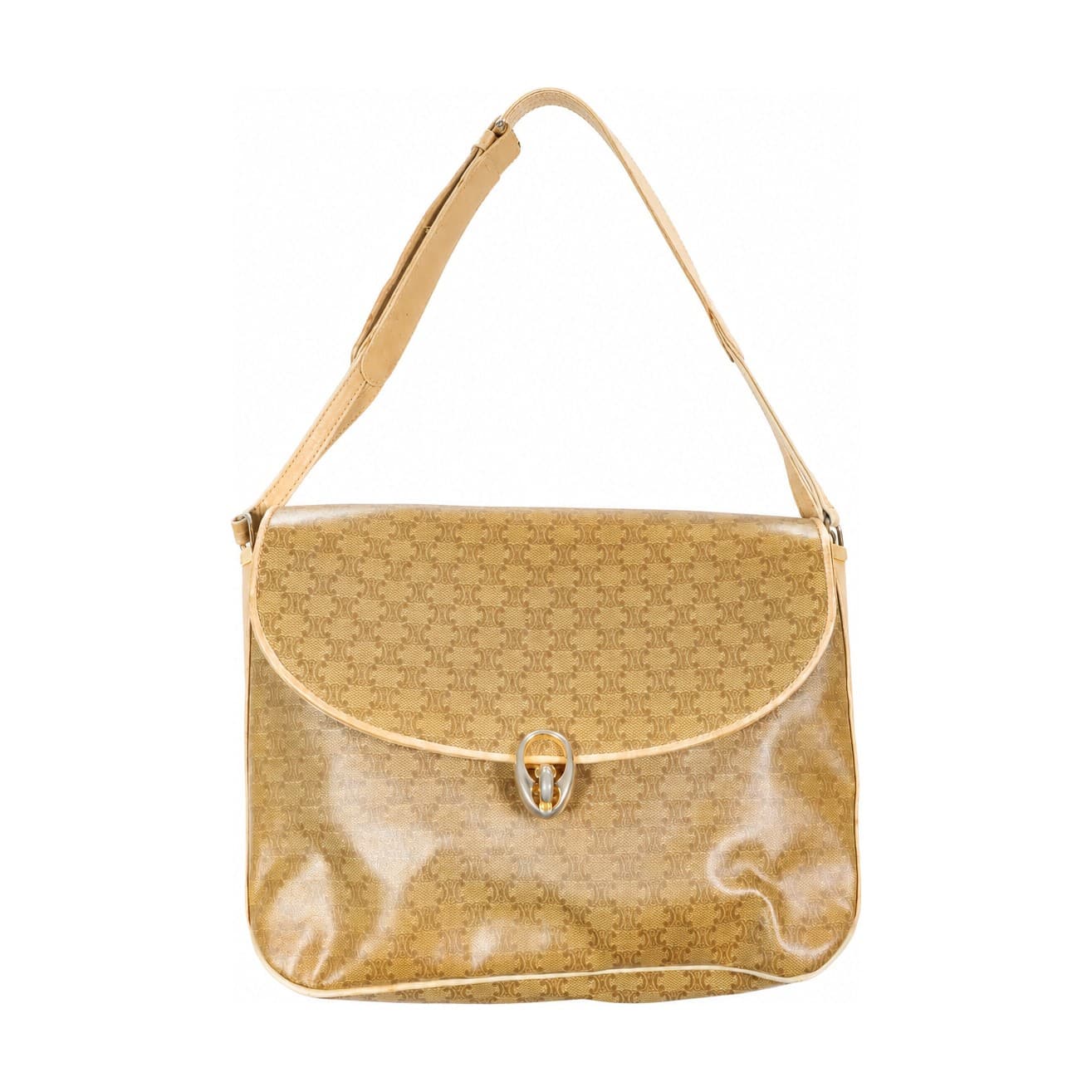 Celine Macadam Coated Canvas Leather Shoulder Bag Purse Handbag Tan Beige