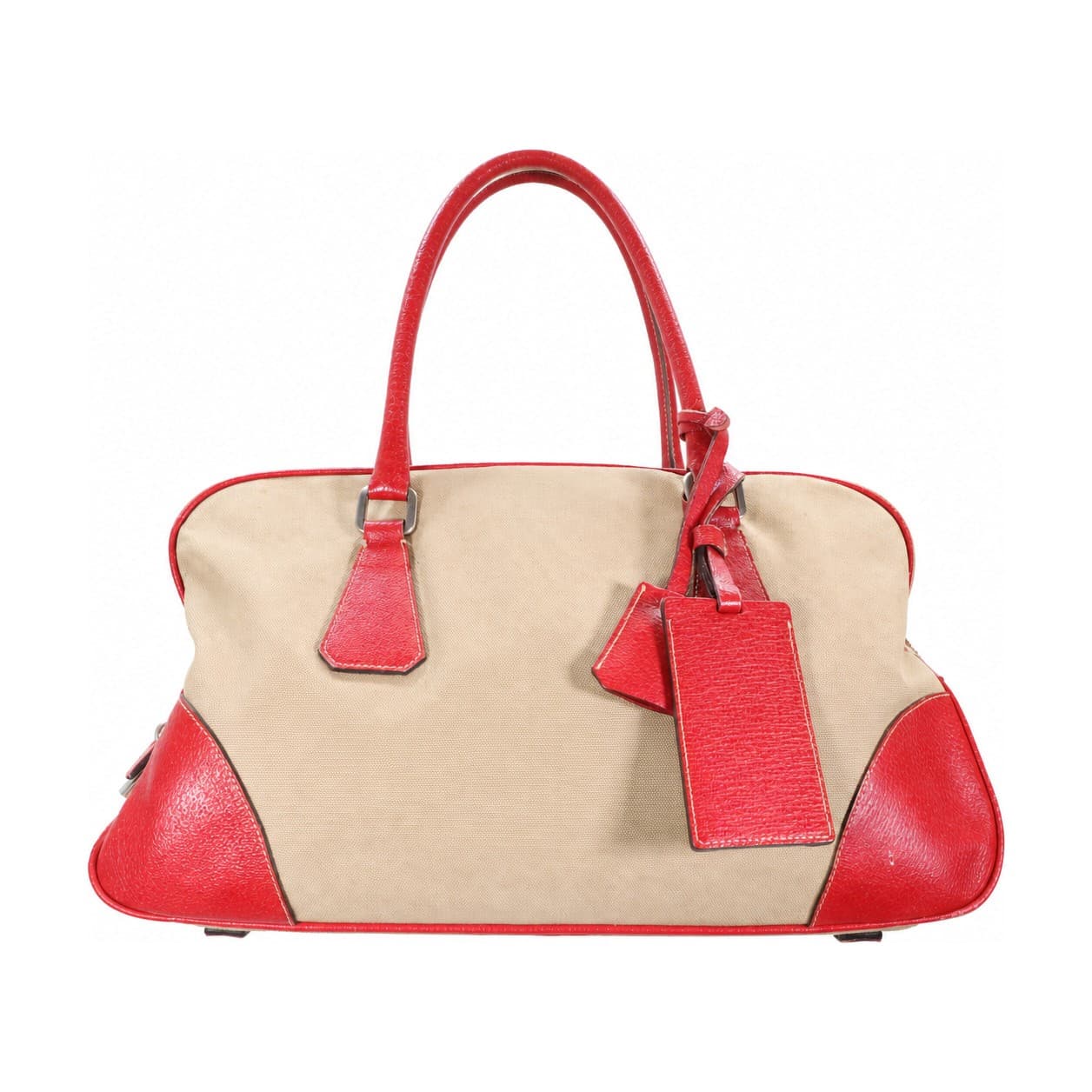 Prada Canvas Leather Bowling Bag Dome Handbag Purse Beige Red Top Handle
