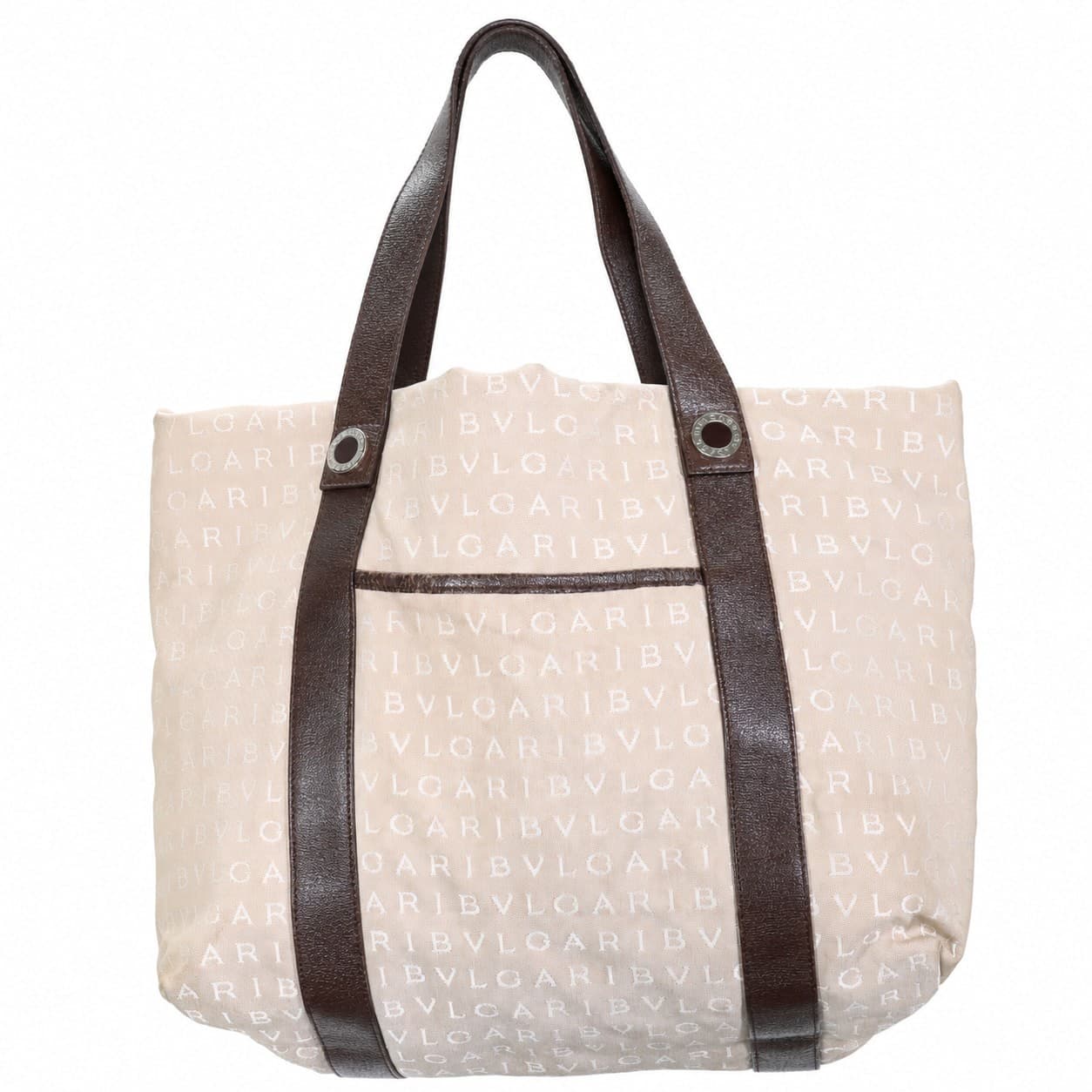 Bvlgari Logomania Canvas Leather Beige Brown Tote Shoulder Bag Handbag Purse