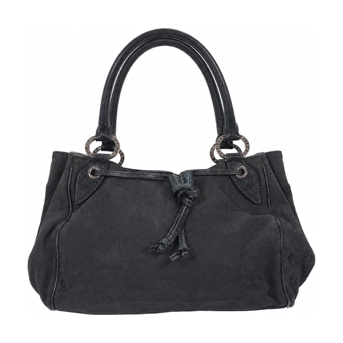 Bulgari Logo Mania Black Canvas Leather Drawstring Shoulder Bag Handbag Purse