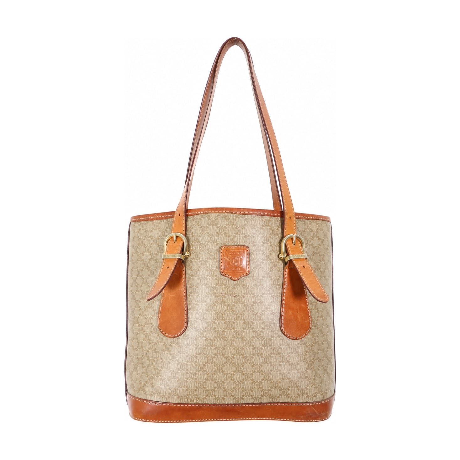 Celine Macadam Monogram Canvas Leather Tote Shoulder Bag Handbag Purse Beige