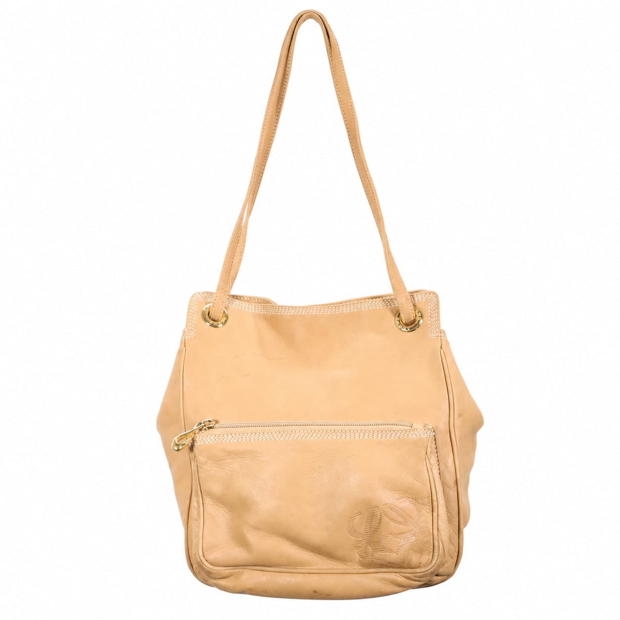 Loewe Leather Shoulder Bag Handbag Purse Tote Tan Beige Anagram