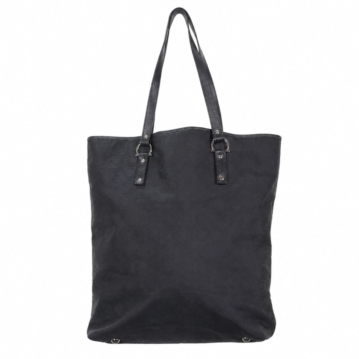 Salvatore Ferragamo Gancini Canvas Leather Tote Shoulder Bag Handbag Purse Black