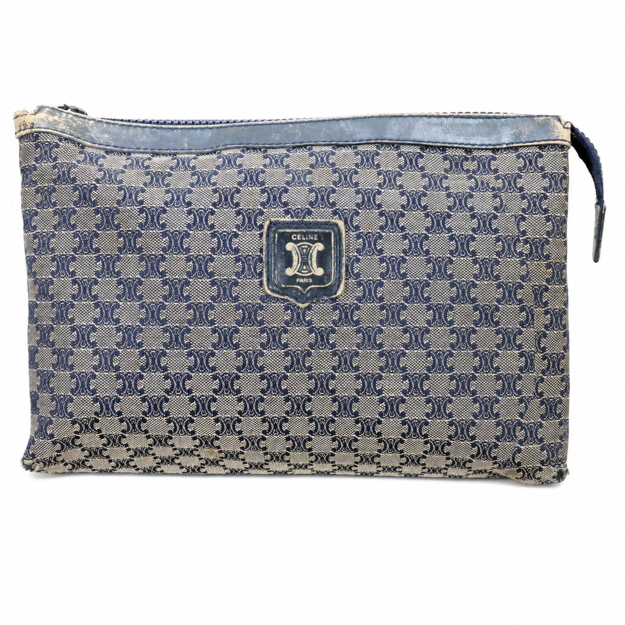 Celine Macadam Triomphe Canvas Leather Clutch Pouch Bag Navy Blue handbags auction at Alighieri's