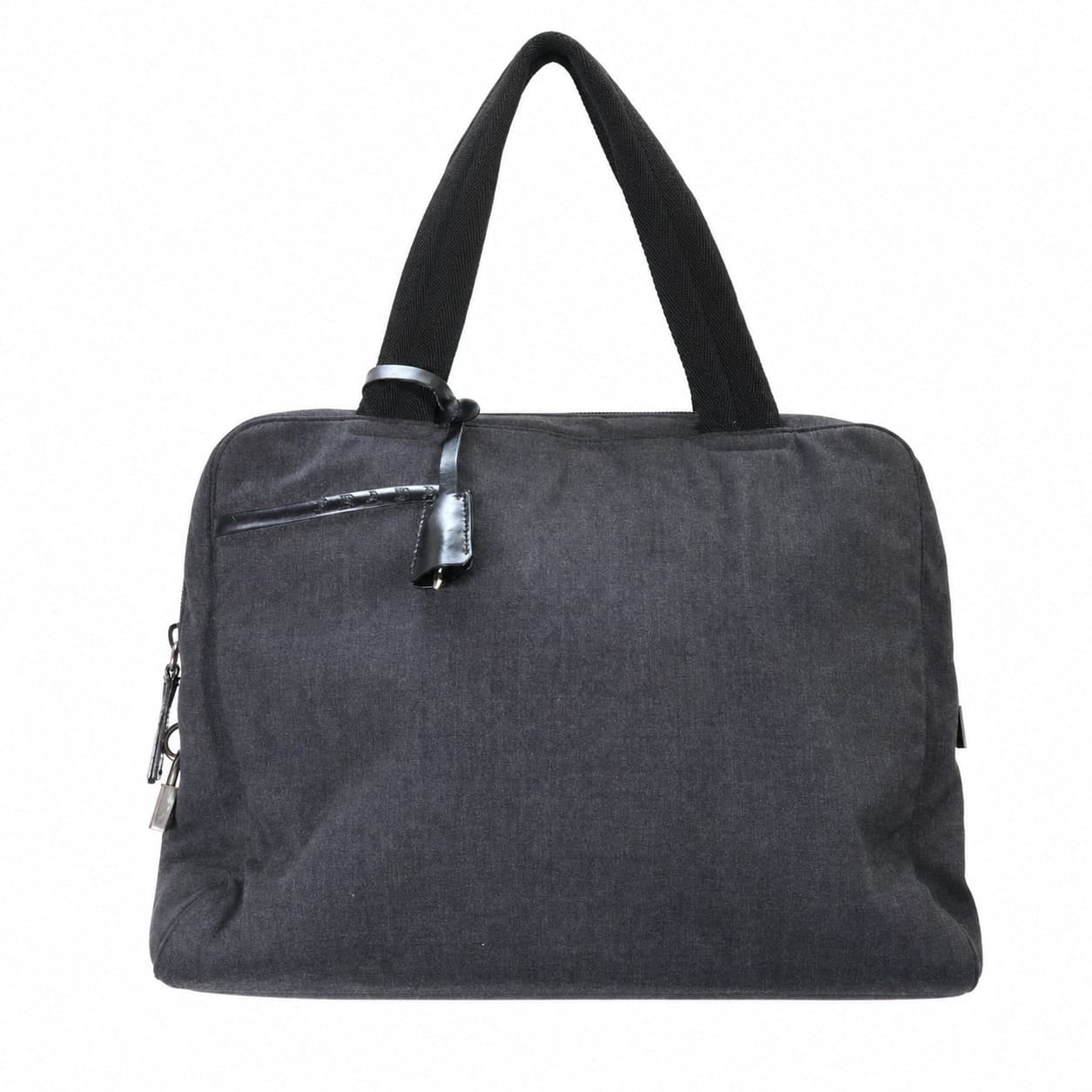 Prada Canvas Top Handle Bag Bowler Handbag Purse Gray Leather Trim