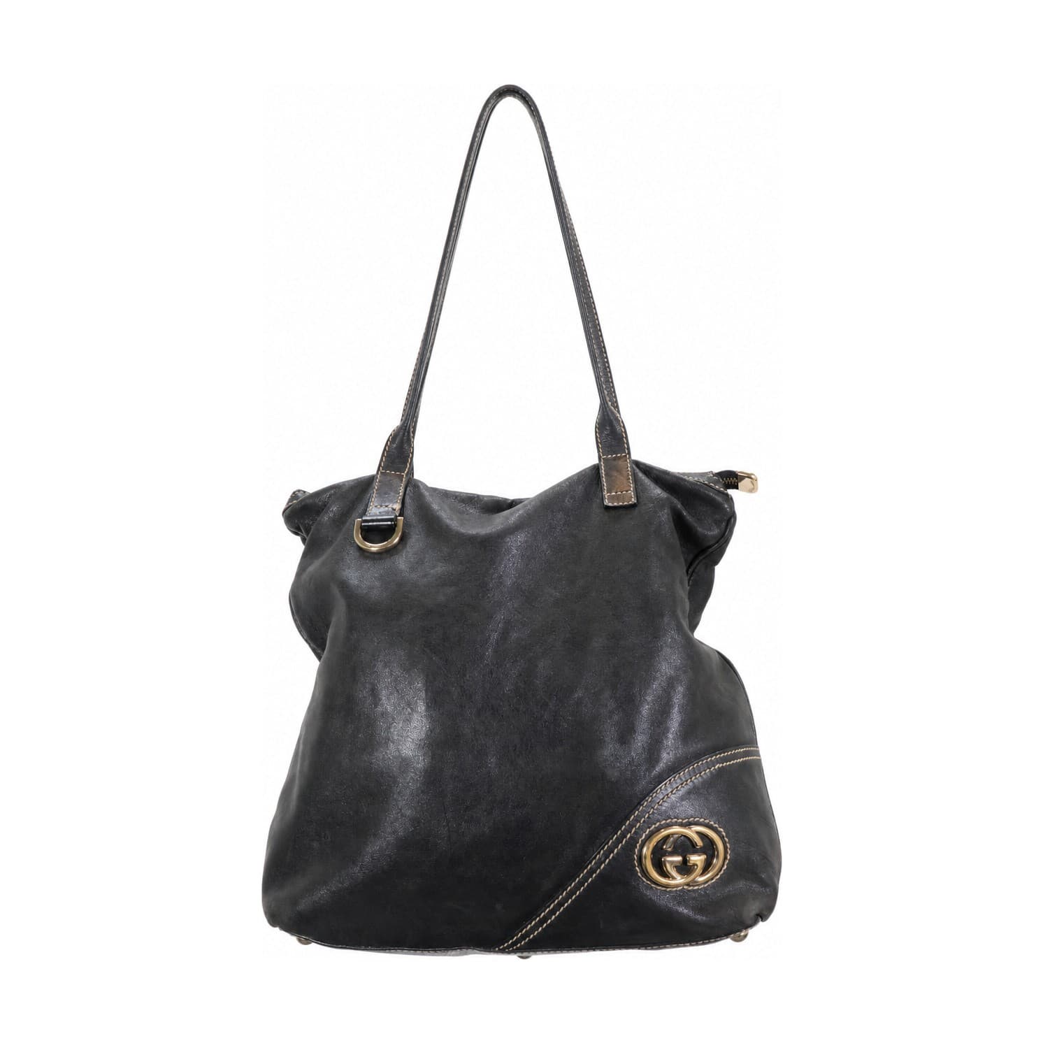 Gucci Black Leather Tote Shoulder Bag Handbag Purse Britt GG Logo