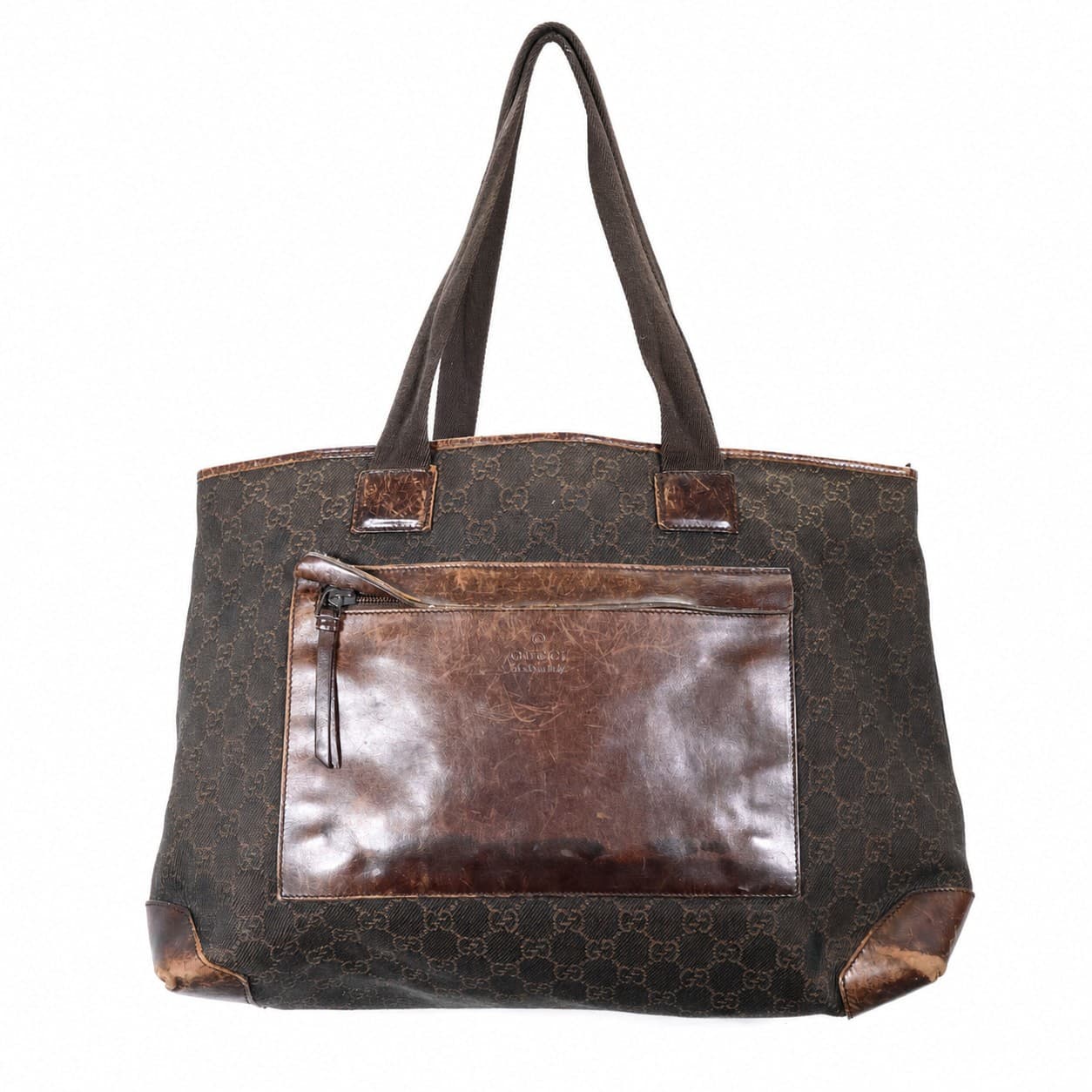 Gucci GG Monogram Canvas Brown Leather Tote Bag Handbag Purse Shoulder Bag