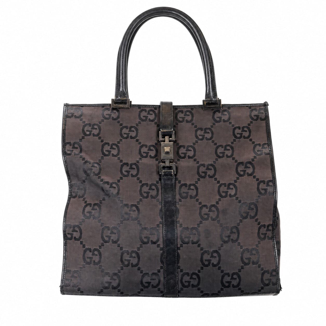 Gucci GG Monogram Canvas Tote Handbag Purse Bag Brown Black Leather Trim