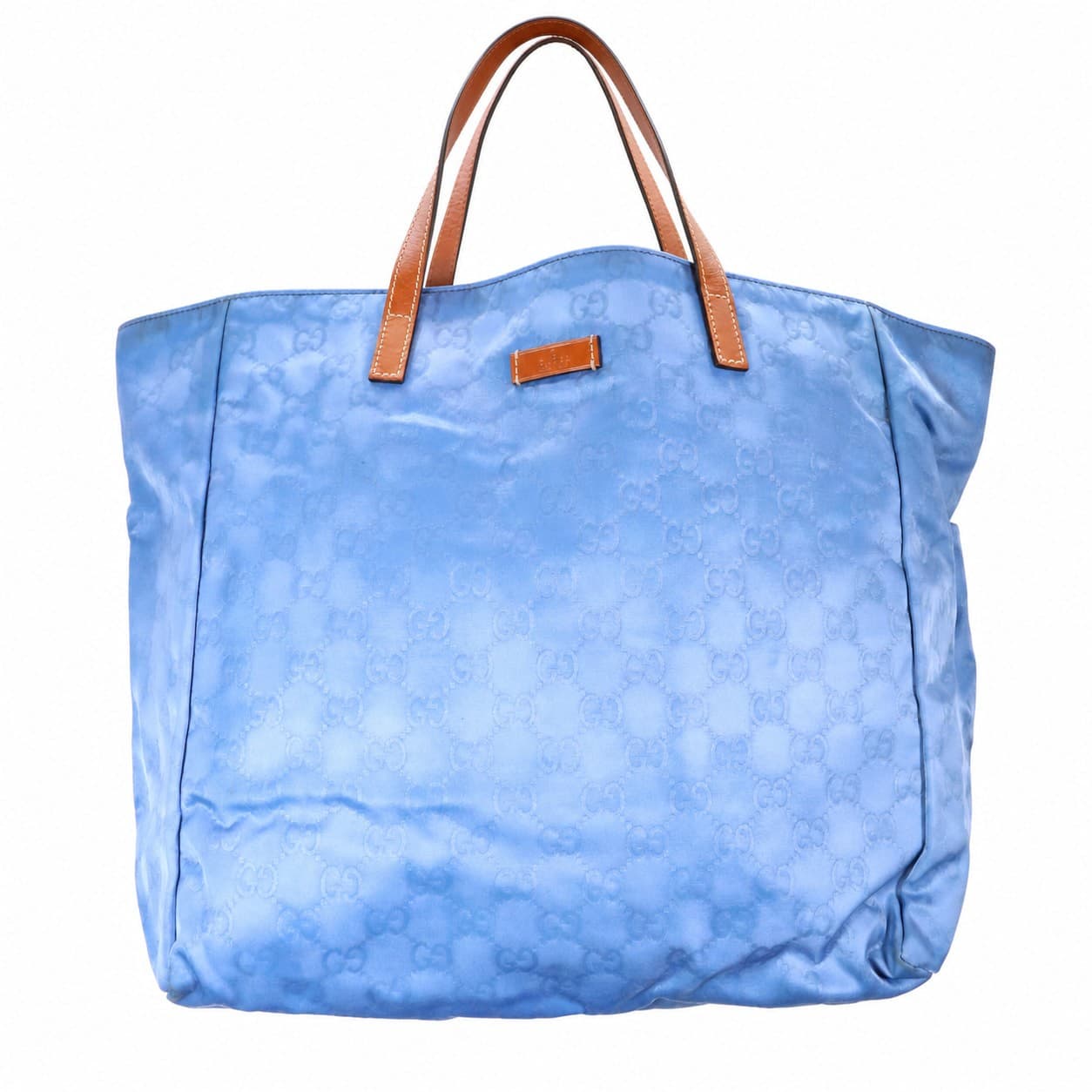Gucci GG Monogram Nylon Tote Handbag Purse Bag Blue Leather Trim