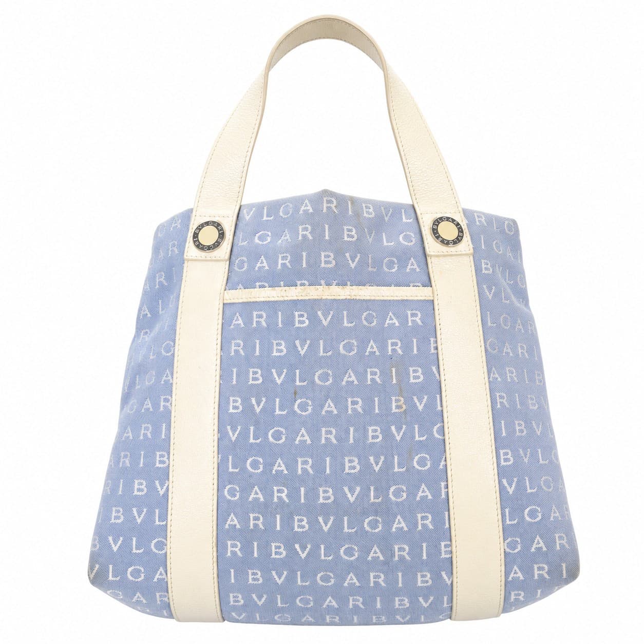 Bvlgari Logomania Canvas Leather Tote Bag Shoulder Bag Handbag Blue