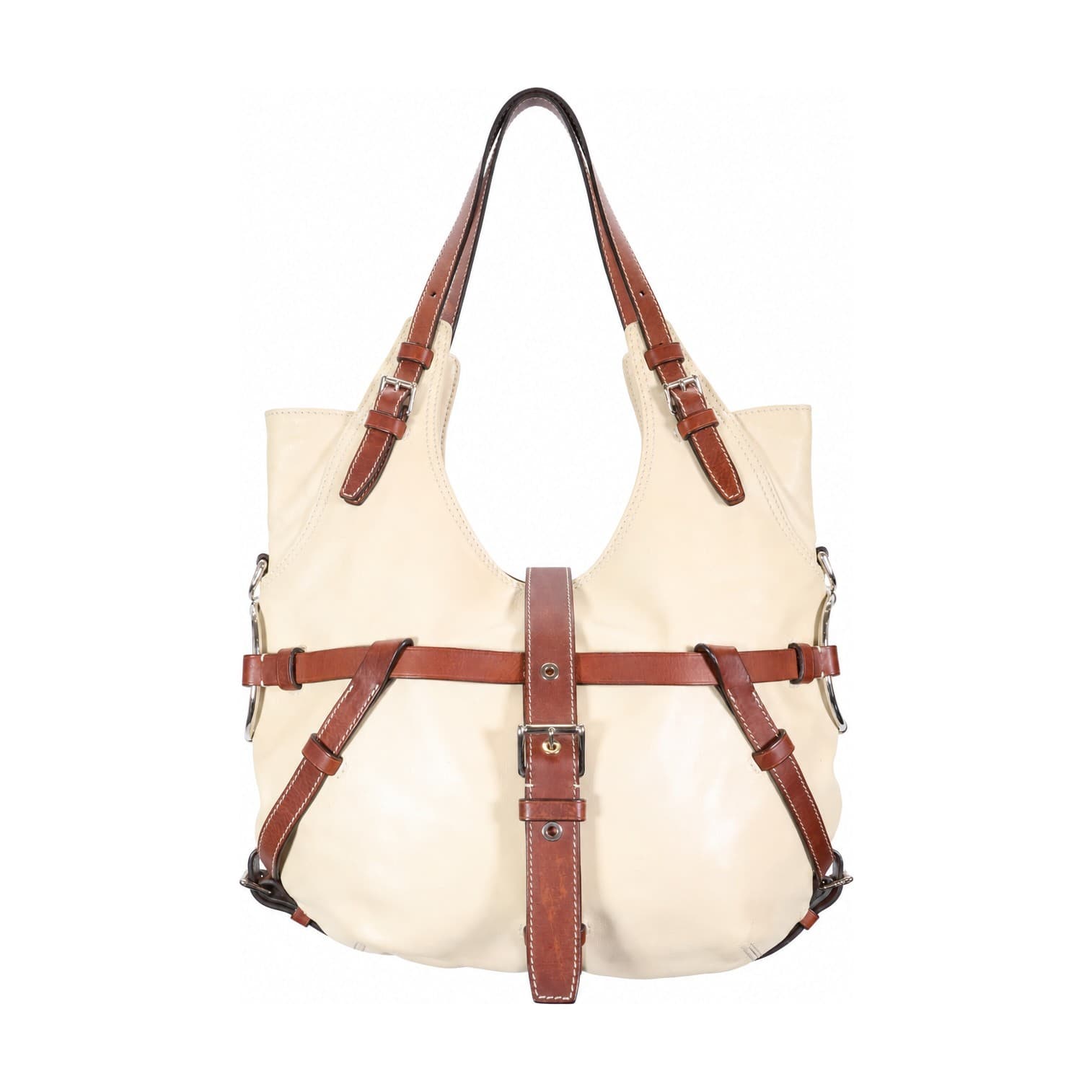 Tod's Ivory Leather Cognac Trim Equestrian Hobo Shoulder Bag Handbag Purse