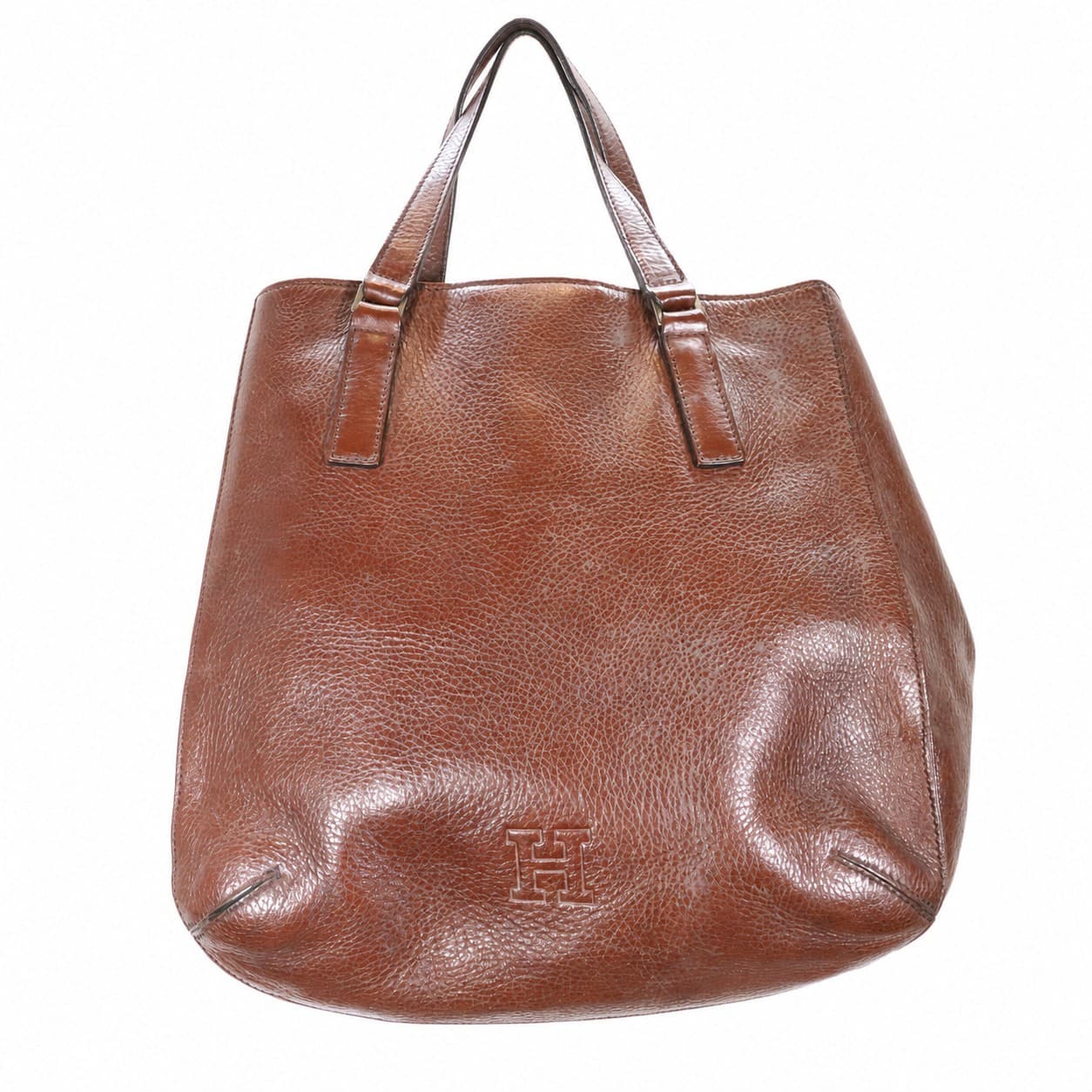 Hirofu Brown Leather Tote Handbag Purse Bag Top Handle H Logo