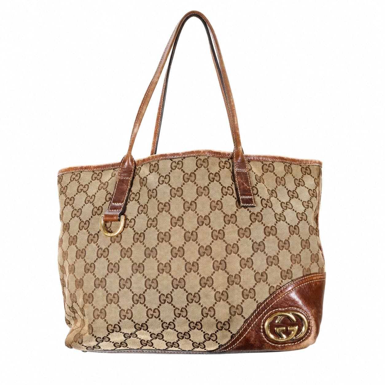 Gucci GG Monogram Canvas Brown Leather Tote Bag Handbag Purse Shoulder Bag