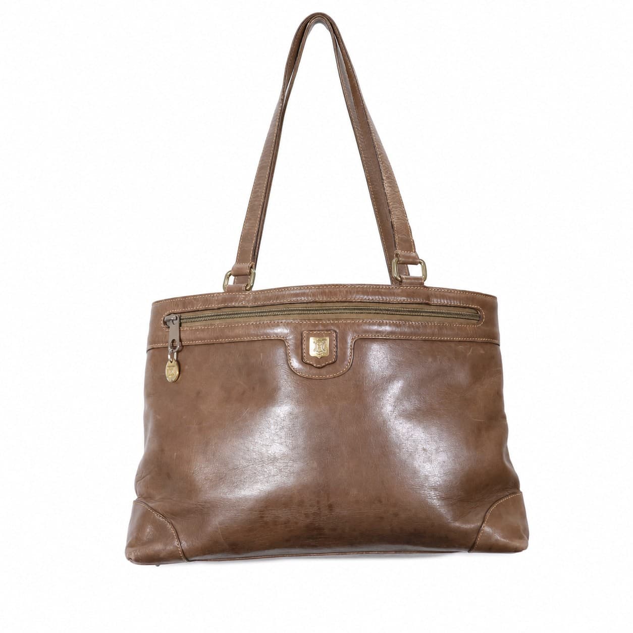 Céline Brown Leather Shoulder Bag Handbag Purse With Carriage Logo Hardware