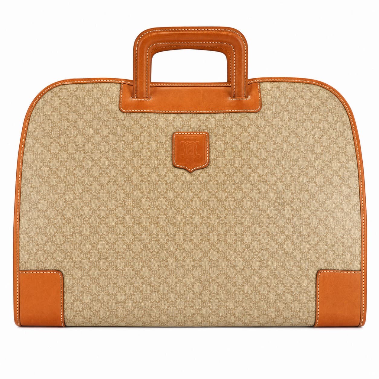 Céline Macadam Canvas Leather Top Handle Handbag Doctor Bag Beige Brown