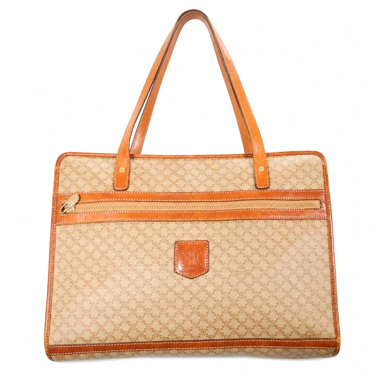 Céline Macadam Monogram Canvas Leather Tote Shoulder Bag Handbag Beige