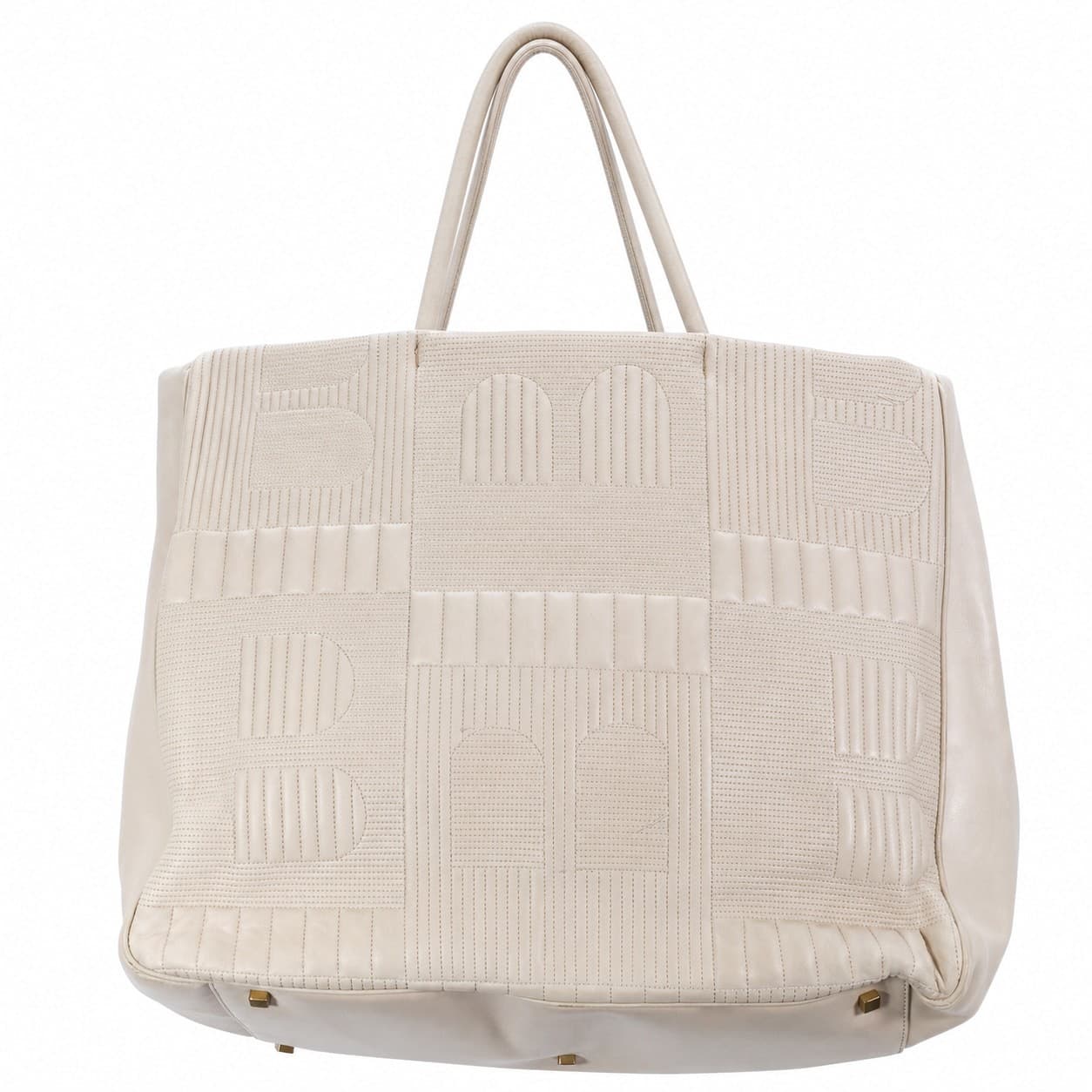 Bally Beige Leather Tote Bag Shoulder Bag Handbag Purse Geometric Quilted