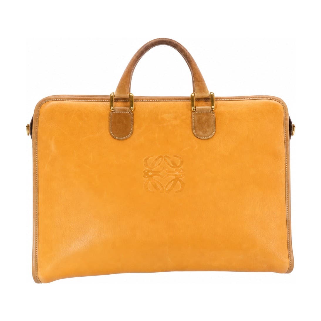 Loewe Anagram Leather Briefcase Handbag Tote Top Handle Bag Tan