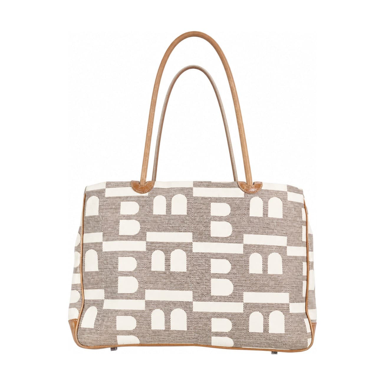 Bally Geometric Canvas Leather Shoulder Bag Handbag Purse Tote Beige Cream