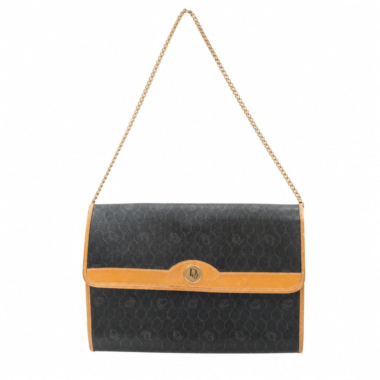 Christian Dior Honeycomb Monogram Canvas Shoulder Bag Handbag Purse Brown Leather