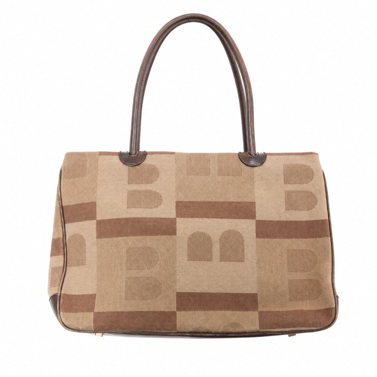Bally Canvas Leather Logo Tote Shoulder Bag Handbag Purse Brown Beige