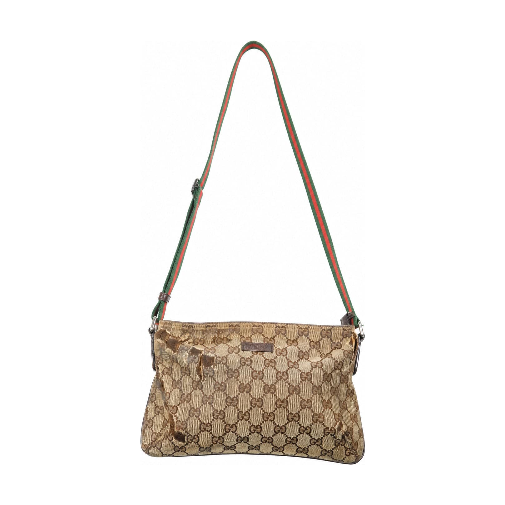 Gucci GG Canvas Crossbody Shoulder Bag Messenger Handbag Purse Web Strap Beige Brown