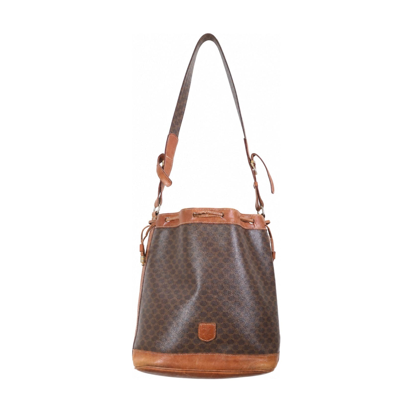 Céline Macadam Drawstring Bucket Bag Shoulder Bag Crossbody Brown Leather