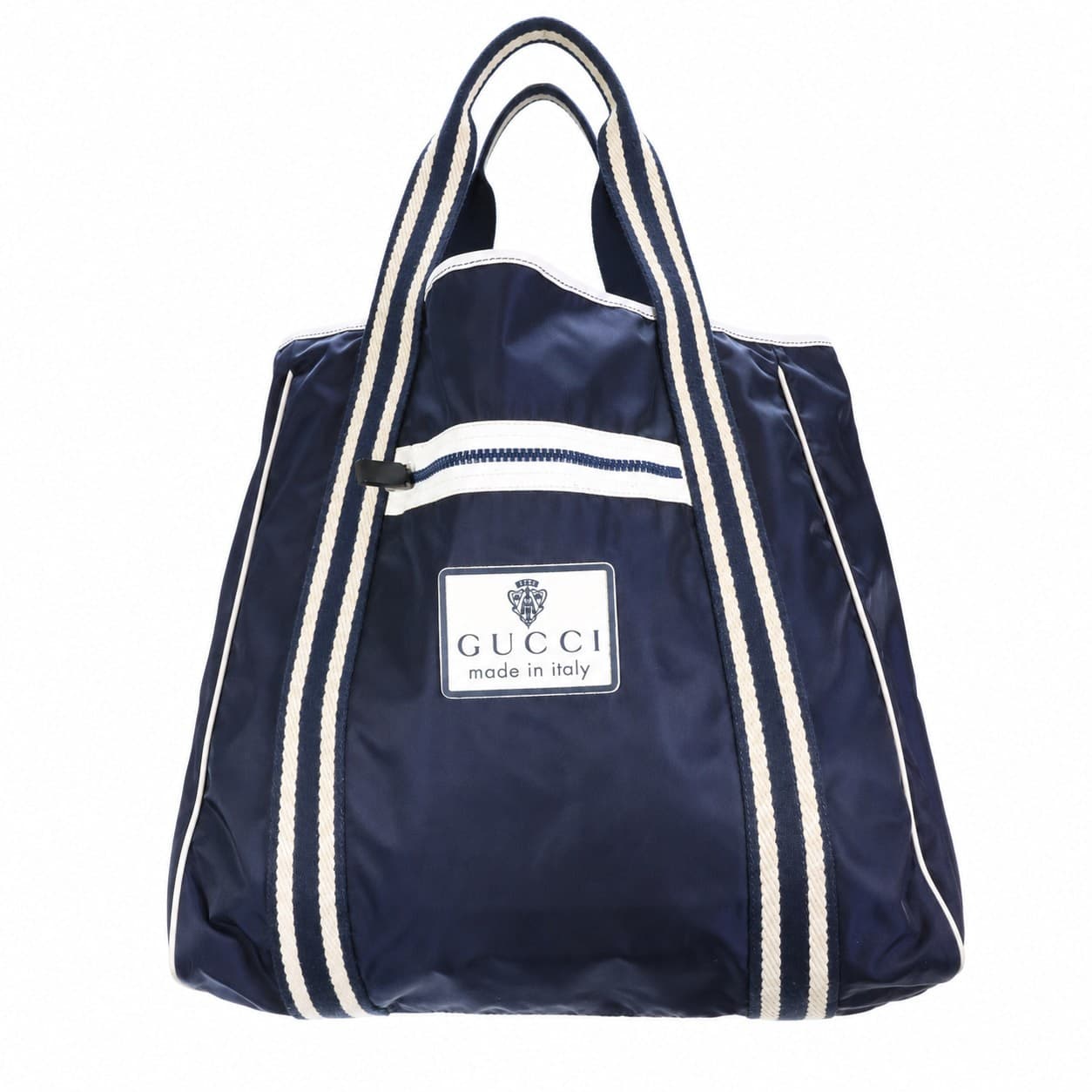 Gucci Navy Nylon Tote Handbag Purse Bag Striped Webbing White Leather Trim