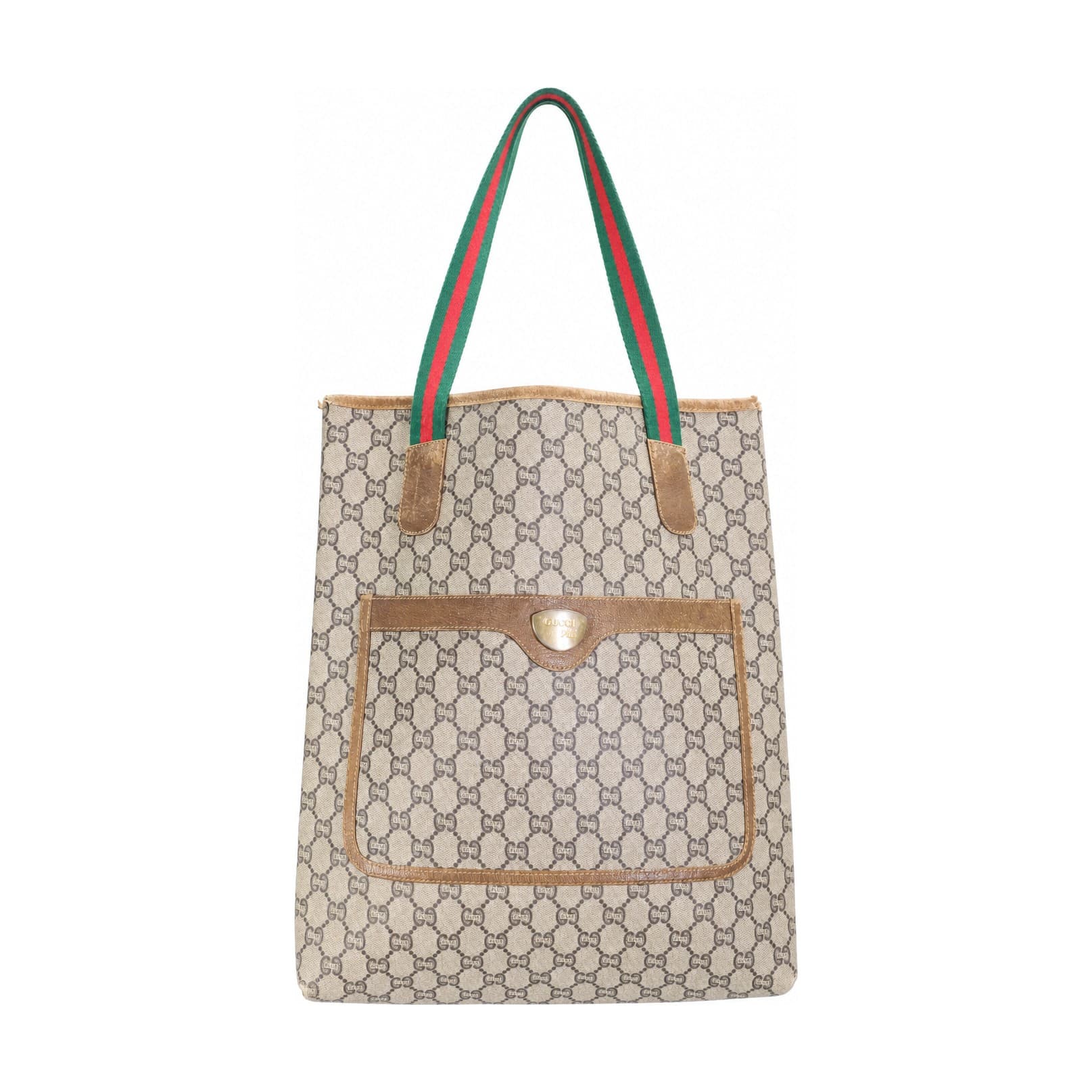 Gucci Plus GG Monogram Canvas Tote Bag Handbag Purse Shoulder Bag Web Straps