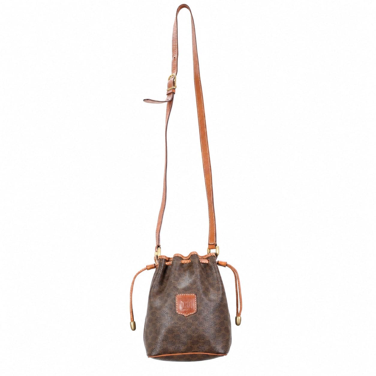 Céline Macadam Drawstring Bucket Bag Crossbody Shoulder Bag Brown Canvas Leather