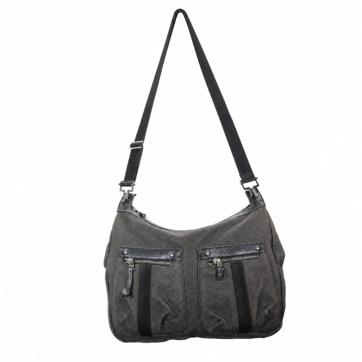 Gucci Black GG Canvas Hobo Shoulder Bag Purse Handbag Leather Trim