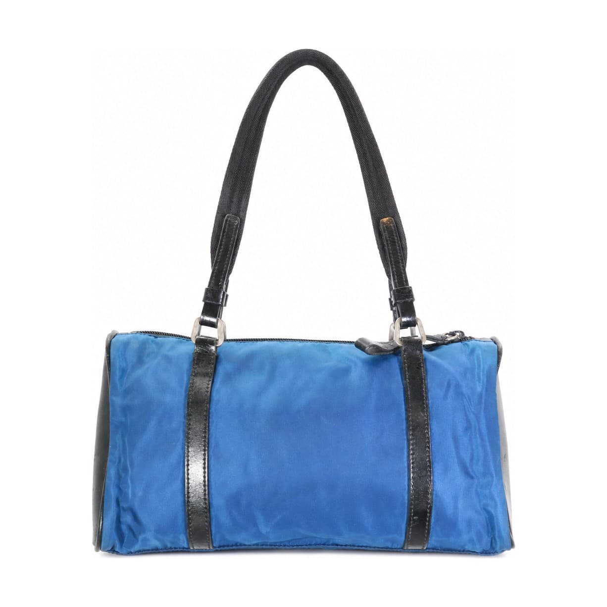 Prada Blue Nylon Barrel Duffle Bag Handbag Shoulder Bag Black Leather