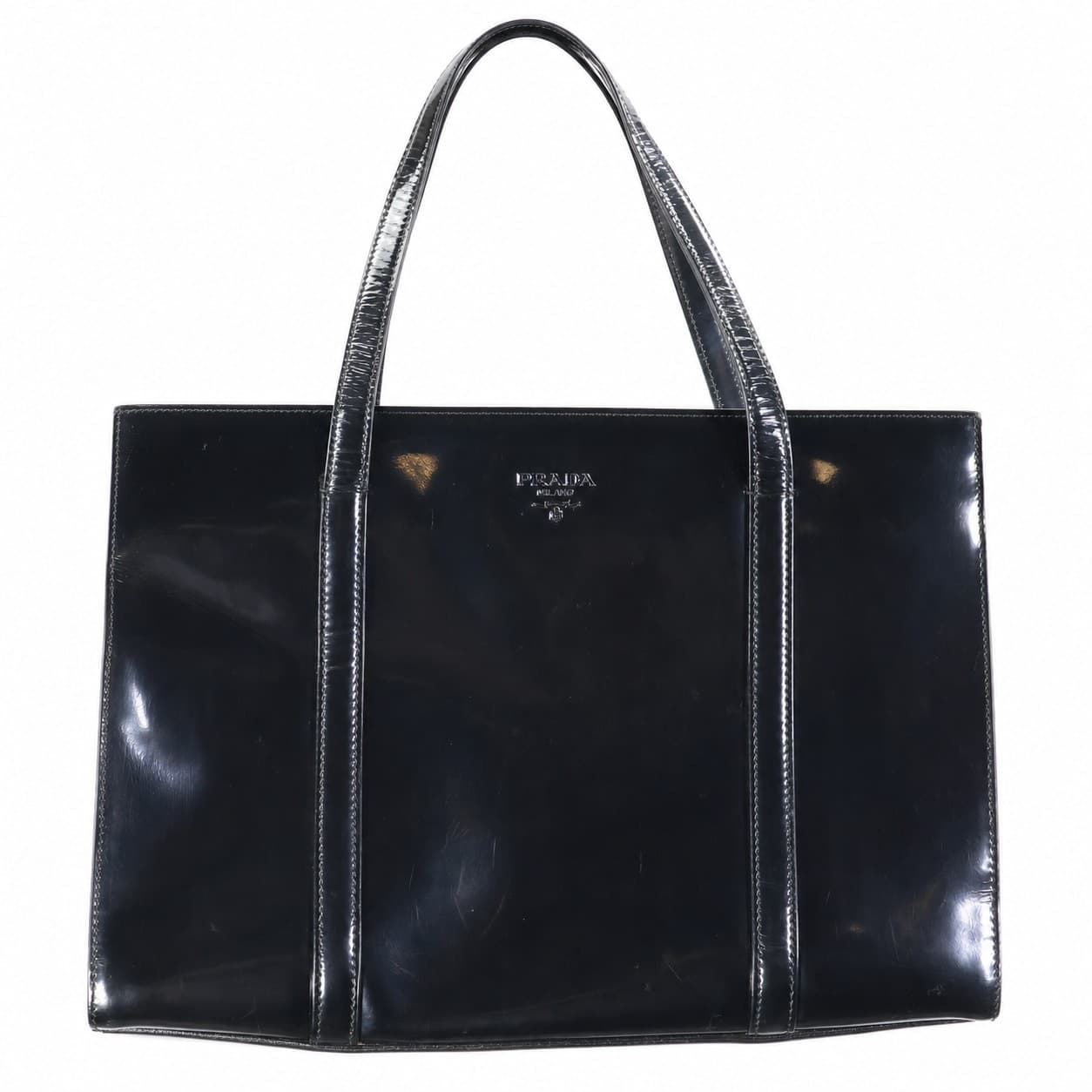 Prada Spazzolato Patent Leather Tote Bag Handbag Purse Shoulder Bag Black