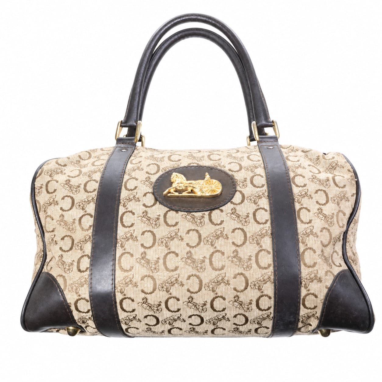 Céline Macadam Canvas Leather Boston Bag Bowling Handbag Purse Horse Carriage
