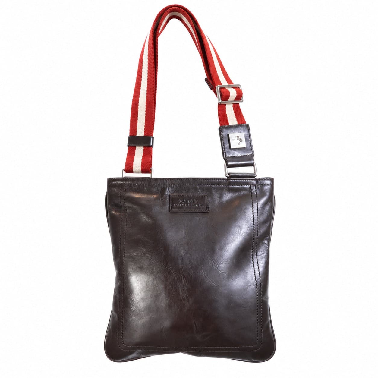 Bally Brown Leather Crossbody Shoulder Bag Purse Striped Canvas Strap Messenger