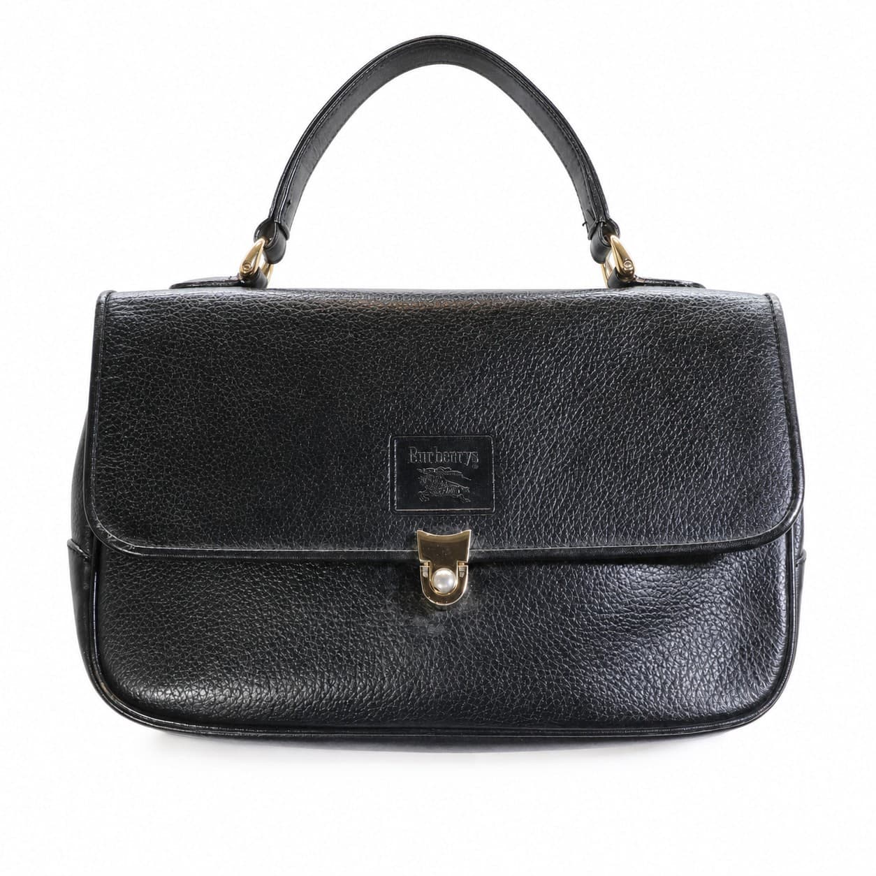 Burberrys Black Pebbled Leather Top Handle Handbag Purse Bag Equestrian Knight