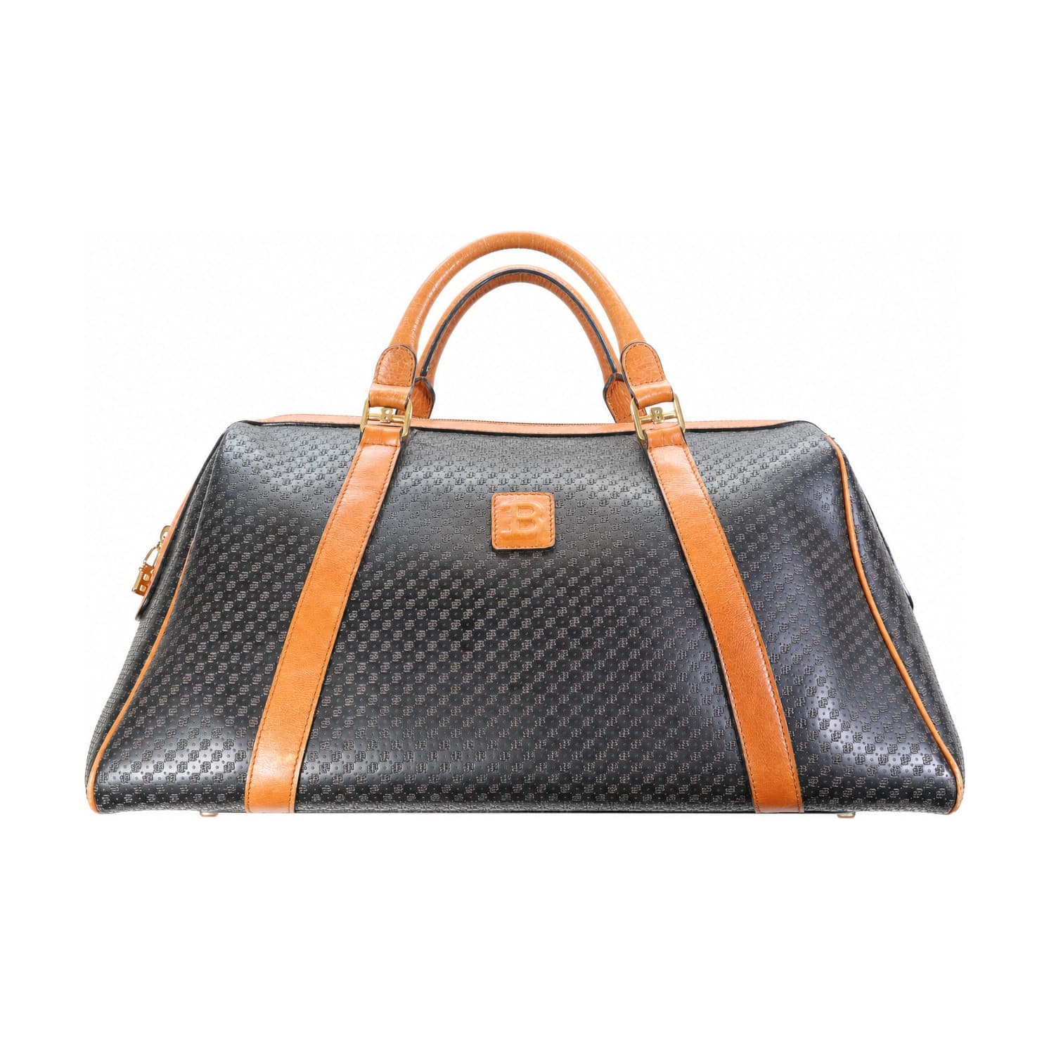 Bally Monogram Canvas Leather Duffle Travel Bag Doctor Bag Handbag Black Tan