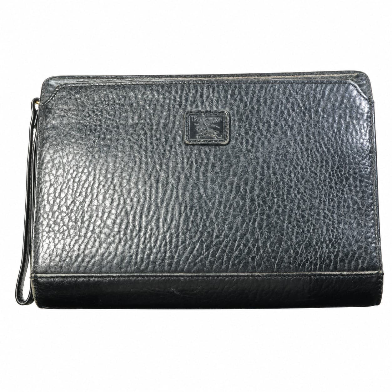 Burberry Black Leather Clutch Wristlet Purse Handbag Check Lining