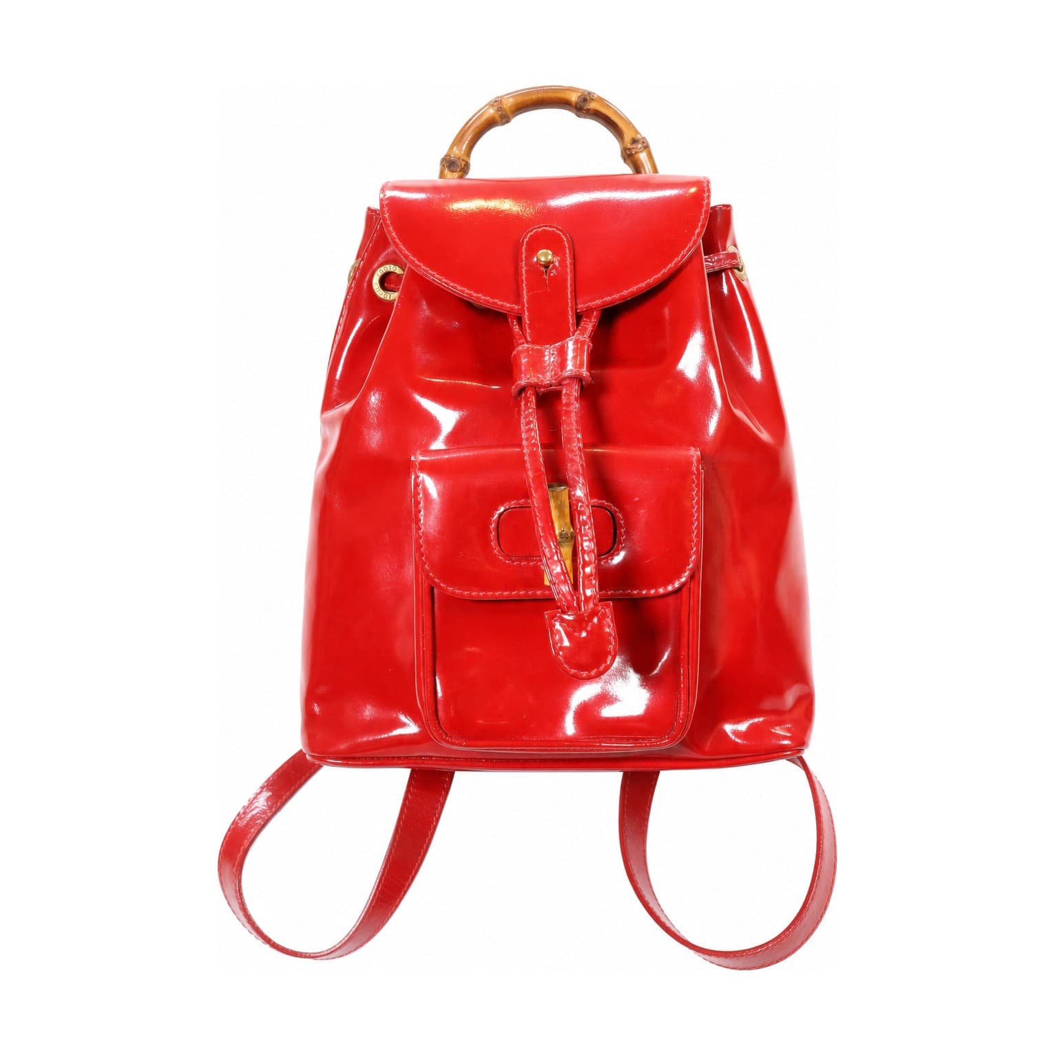 Gucci Bamboo Patent Leather Red Backpack Handbag Purse Bag