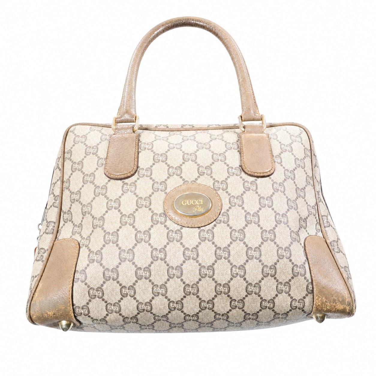 Gucci Plus GG Monogram Canvas Leather Beige Satchel Handbag Purse Bag Top Handle