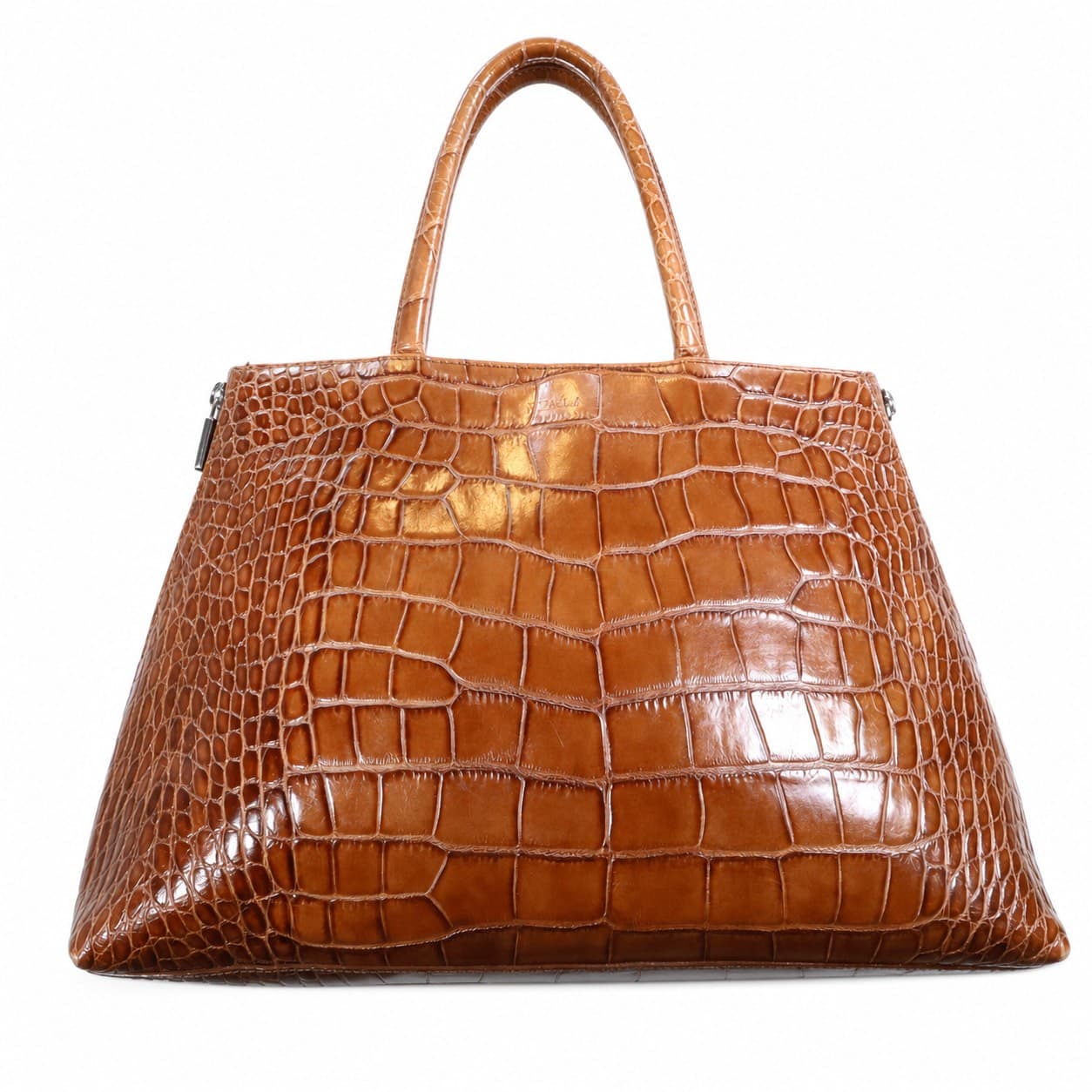 Furla Croc Embossed Leather Tote Handbag Purse Bag Top Handle Cognac Brown