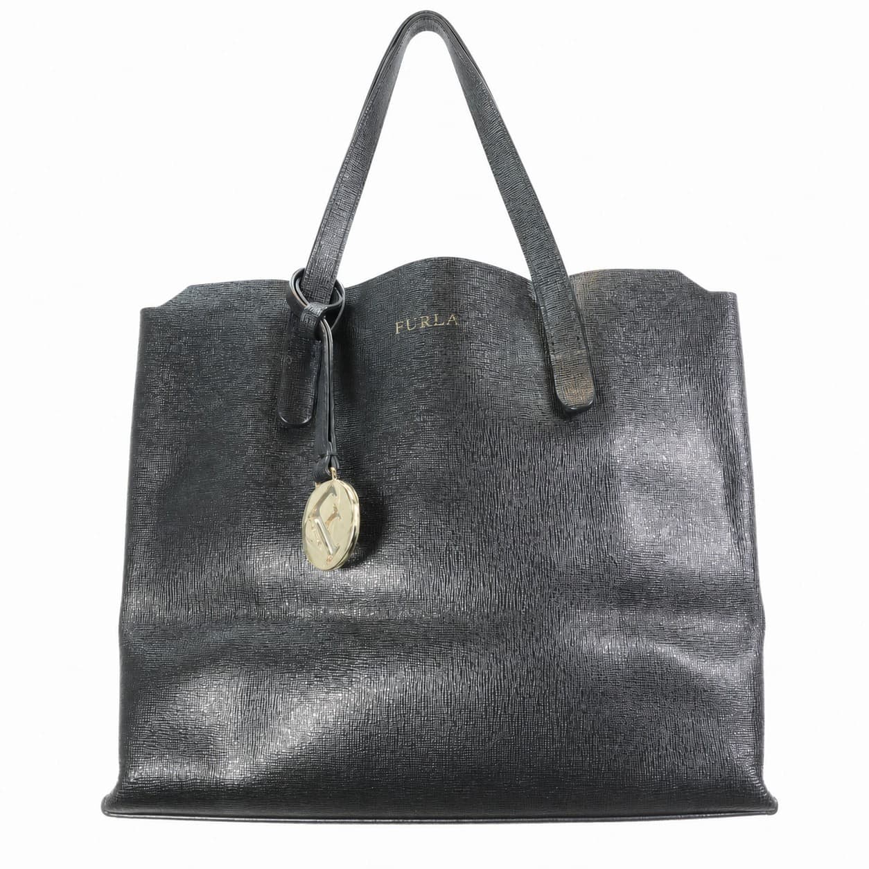 Furla Black Saffiano Leather Tote Handbag Purse Bag Structured Top Handle