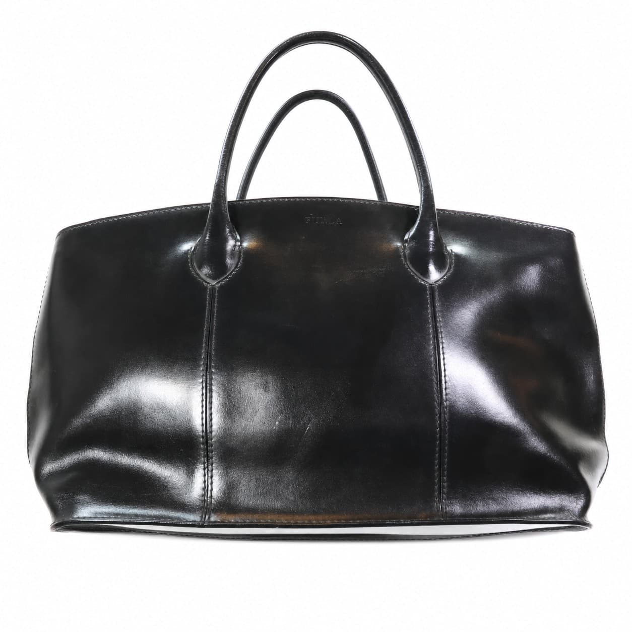 Furla Black Leather Tote Handbag Purse Bag Top Handle Made In Italy